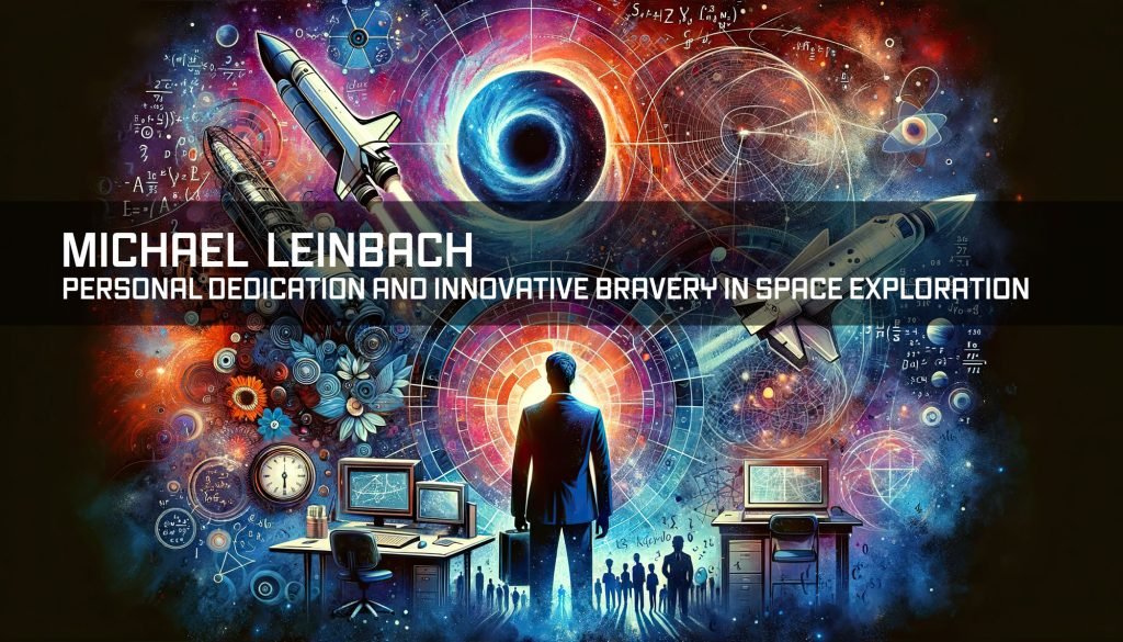 Michael Leinbach surrounded by symbols of space exploration: a space telescope, a space shuttle in flight, a NASA control room, and the vastness of outer space. Mathematical equations float in the background, highlighting his role in scientific advancements. In the foreground, Leinbach is depicted as a distinguished figure leading a crowd, symbolizing his leadership and impact in the field of space exploration.