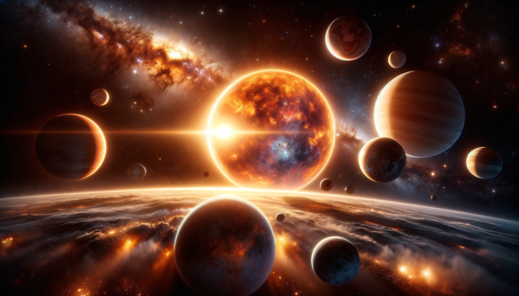 A stunning, hyper-realistic depiction of the Kepler-444 star system, featuring the vibrant, orange-toned Kepler-444 star surrounded by five detailed planets, set against a backdrop of distant stars and nebulae.