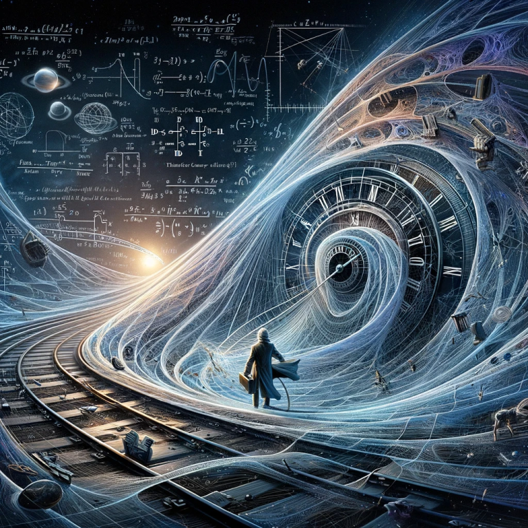 Illustration of Germain Tobar's time travel theory, depicting space-time as a flexible fabric with a time traveler altering past events, surrounded by Einstein's relativity equations.